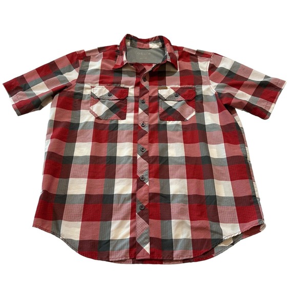 Orvis Plaid Shirt Mens Large Red Gray‎ Plaid Short Sleeve Button Down Outdoor - Picture 1 of 8